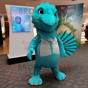 Turquoise Pangolin mascot costume character dressed with a Leggings and Pocket squares