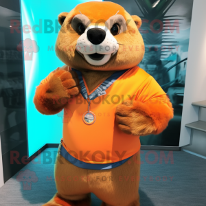 Orange Otter mascot costume character dressed with a Henley Tee and Bracelets