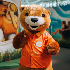 Orange Otter mascot costume character dressed with a Henley Tee and Bracelets