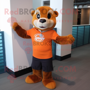 Orange Otter mascot costume character dressed with a Henley Tee and Bracelets