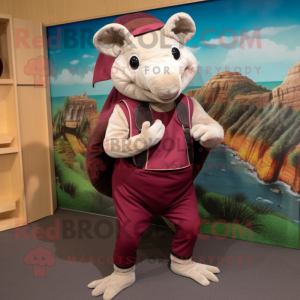 Maroon Armadillo mascot costume character dressed with a Capri Pants and Suspenders
