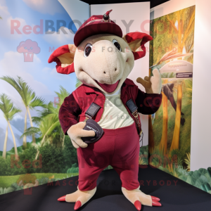 Maroon Armadillo mascot costume character dressed with a Capri Pants and Suspenders