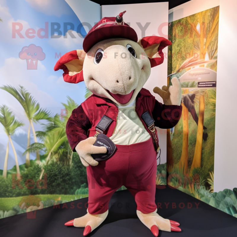 Maroon Armadillo mascot costume character dressed with a Capri Pants and Suspenders Maroon Armadillo mascot costume character dressed with a Capri Pants and Suspenders