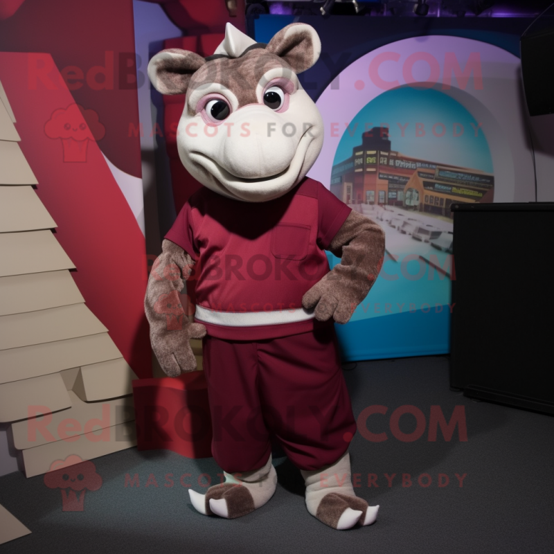 Maroon Armadillo mascot costume character dressed with a Capri Pants and Suspenders