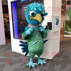 Cyan Archeopteryx mascot costume character dressed with a Romper and Scarf clips