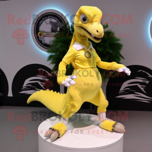 Lemon Yellow Velociraptor mascot costume character dressed with a Circle Skirt and Shoe laces