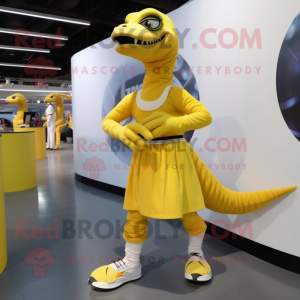 Lemon Yellow Velociraptor mascot costume character dressed with a Circle Skirt and Shoe laces