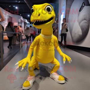 Lemon Yellow Velociraptor mascot costume character dressed with a Circle Skirt and Shoe laces