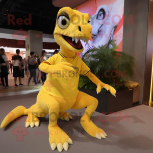 Lemon Yellow Velociraptor mascot costume character dressed with a Circle Skirt and Shoe laces