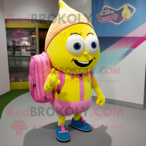 Lemon Yellow Pink mascot costume character dressed with a Dress Shirt and Backpacks