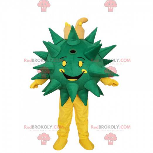 Mascota del virus verde y amarillo sonriendo. Disfraz de virus