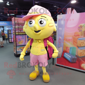 Lemon Yellow Pink mascot costume character dressed with a Dress Shirt and Backpacks