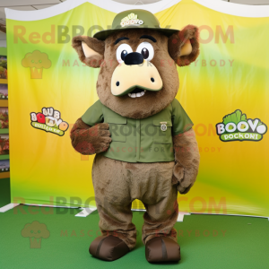 Olive Bison mascot costume character dressed with a Jumpsuit and Anklets