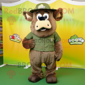 Olive Bison mascot costume character dressed with a Jumpsuit and Anklets