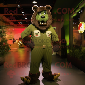 Olive Bison mascot costume character dressed with a Jumpsuit and Anklets