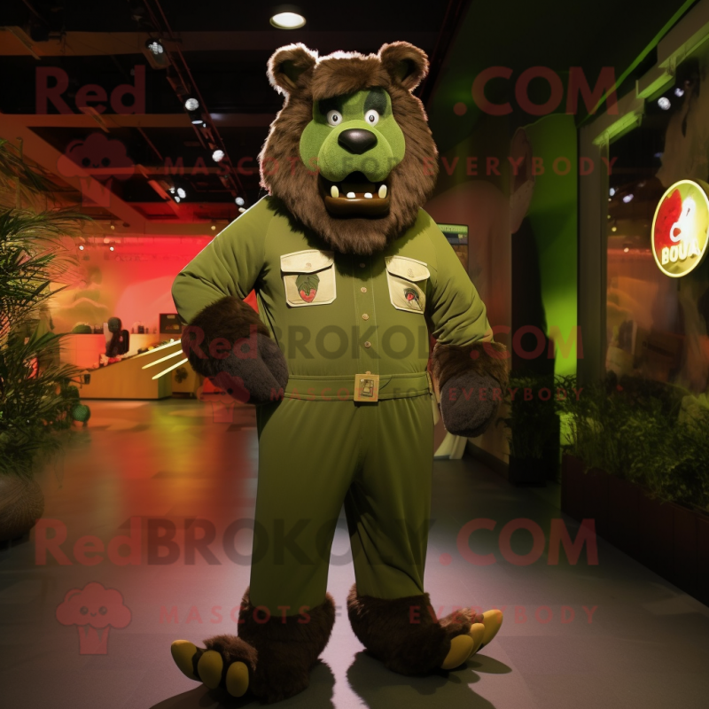Olive Bison mascot costume character dressed with a Jumpsuit and Anklets Olive Bison mascot costume character dressed with a Jumpsuit and Anklets
