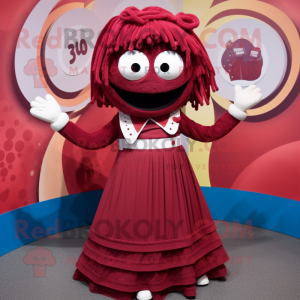 Maroon Spaghetti mascot costume character dressed with a Circle Skirt and Mittens