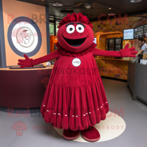 Maroon Spaghetti mascot costume character dressed with a Circle Skirt and Mittens