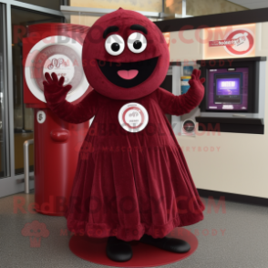 Maroon Spaghetti mascot costume character dressed with a Circle Skirt and Mittens