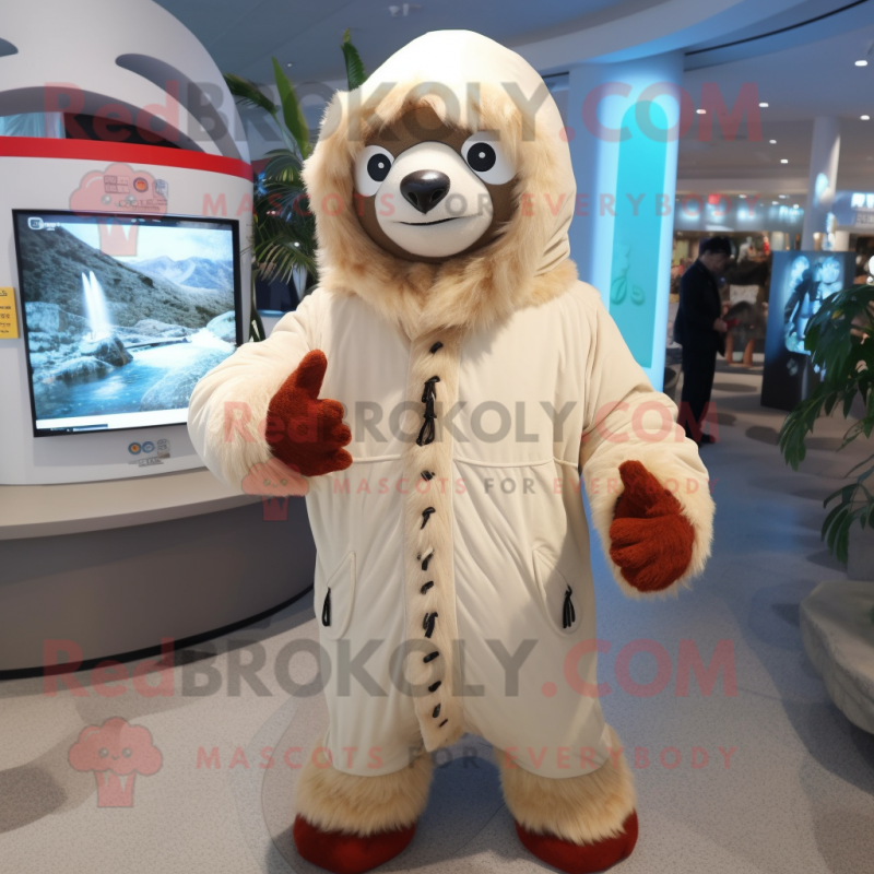 Cream Giant Sloth mascot costume character dressed with a Parka and Rings Cream Giant Sloth mascot costume character dressed with a Parka and Rings