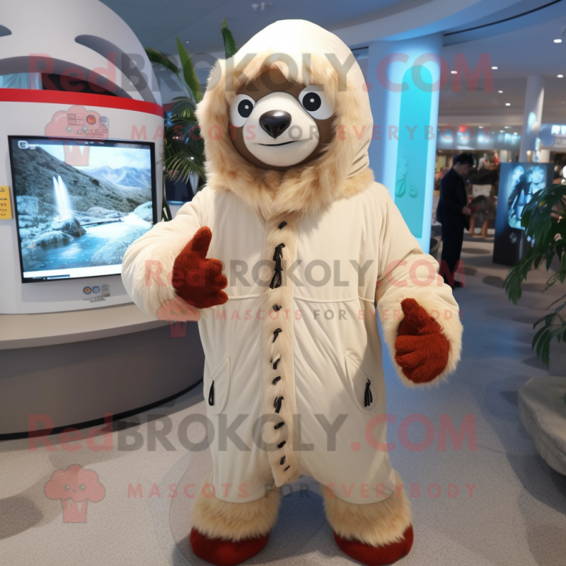 Cream Giant Sloth mascot costume character dressed with a Parka and Rings