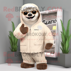 Cream Giant Sloth mascot costume character dressed with a Parka and Rings