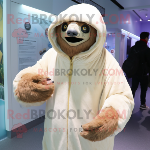 Cream Giant Sloth mascot costume character dressed with a Parka and Rings