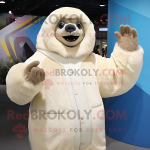 Cream Giant Sloth mascot costume character dressed with a Parka and Rings