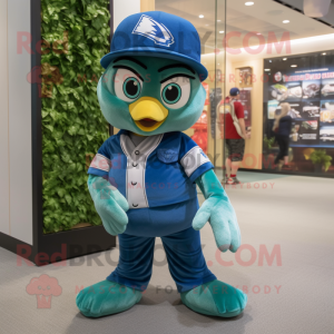 Forest Green Blue Jay mascot costume character dressed with a Bootcut Jeans and Beanies