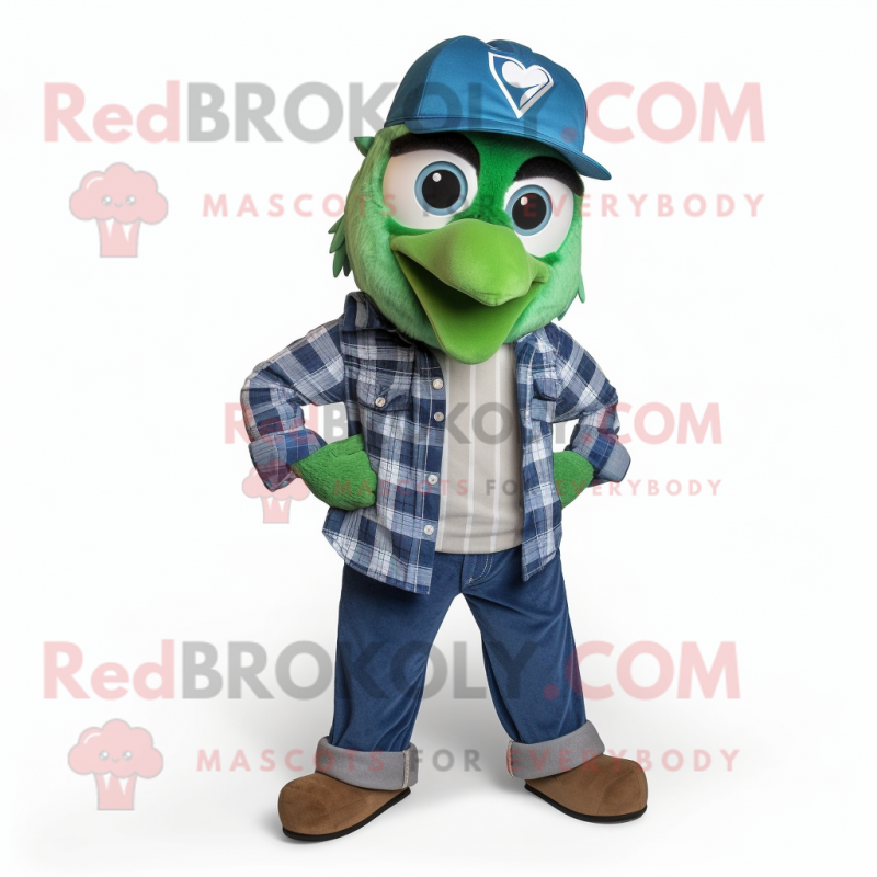 Forest Green Blue Jay mascot costume character dressed with a Bootcut Jeans and Beanies