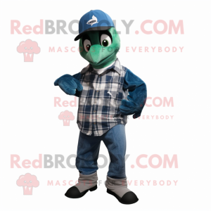 Forest Green Blue Jay mascot costume character dressed with a Bootcut Jeans and Beanies