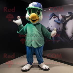 Forest Green Blue Jay mascot costume character dressed with a Bootcut Jeans and Beanies