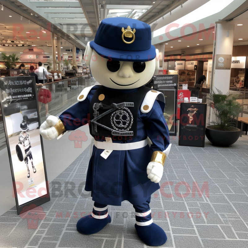 Navy Samurai mascot costume character dressed with a Overalls and Keychains Navy Samurai mascot costume character dressed with a Overalls and Keychains