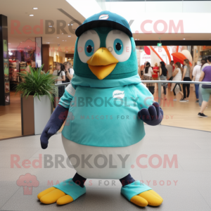 Teal Penguin mascot costume character dressed with a Shorts and Caps