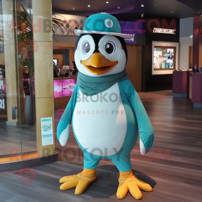 Teal Penguin mascot costume character dressed with a Shorts and Caps Teal Penguin mascot costume character dressed with a Shorts and Caps