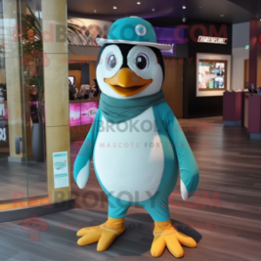 Teal Penguin mascot costume character dressed with a Shorts and Caps