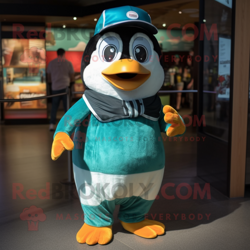 Teal Penguin mascot costume character dressed with a Shorts and Caps