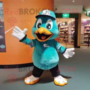 Teal Penguin mascot costume character dressed with a Shorts and Caps
