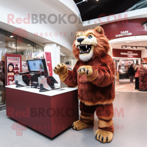 Maroon Saber-Toothed Tiger mascot costume character dressed with a Cover-up and Hair clips