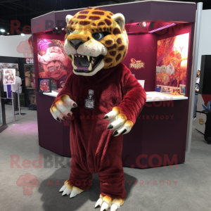 Maroon Saber-Toothed Tiger mascot costume character dressed with a Cover-up and Hair clips
