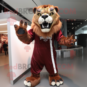 Maroon Saber-Toothed Tiger mascot costume character dressed with a Cover-up and Hair clips