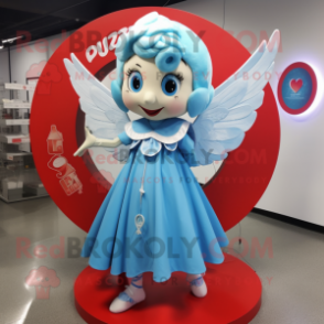 Sky Blue Cupid mascot costume character dressed with a Circle Skirt and Shawl pins