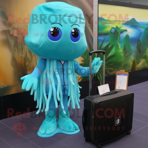 Cyan Jellyfish mascot costume character dressed with a Parka and Briefcases