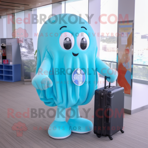 Cyan Jellyfish mascot costume character dressed with a Parka and Briefcases