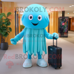 Cyan Jellyfish mascot costume character dressed with a Parka and Briefcases