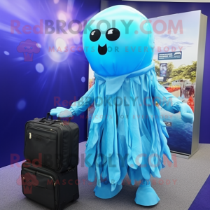 Cyan Jellyfish mascot costume character dressed with a Parka and Briefcases