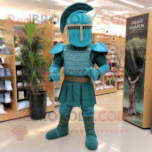 Teal Spartan Soldier mascot costume character dressed with a Corduroy Pants and Clutch bags