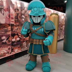 Teal Spartan Soldier mascot costume character dressed with a Corduroy Pants and Clutch bags