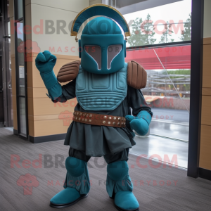 Teal Spartan Soldier mascot costume character dressed with a Corduroy Pants and Clutch bags