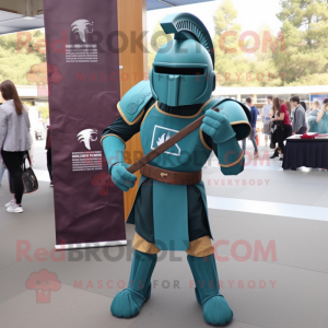 Teal Spartan Soldier mascot costume character dressed with a Corduroy Pants and Clutch bags